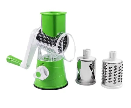 Hand drum rotary grater with handle and food-grade stainless steel blades, shown in Blue, Green or Red for cutting carrots and potatoes.
