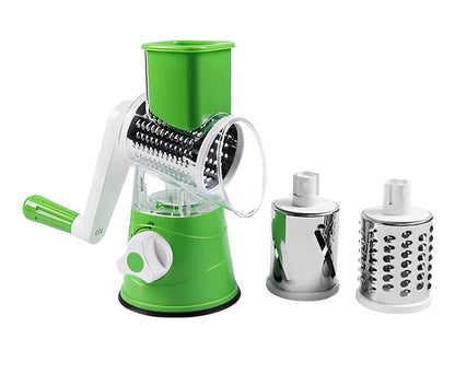 Blue hand drum rotary grater with stainless steel blades for cutting vegetables