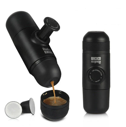 Portable espresso maker with black color, compact size, and premium stainless steel and silicone construction