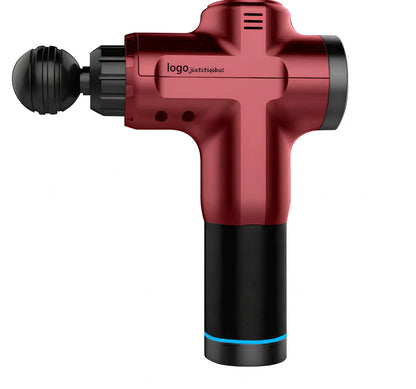 FL-8703 black massage gun with silicone head, 28cm length, showing speed control buttons and charging port