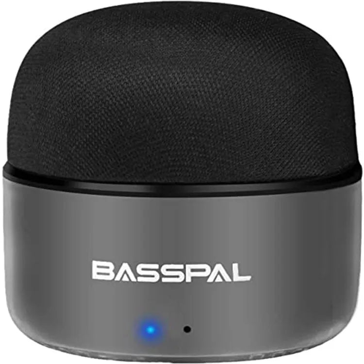 Black portable mini Bluetooth speaker with waterproof design, showing button controls and USB port