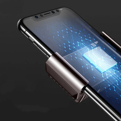Black mobile phone radiator clip attached to a smartphone, showing aluminium and ceramic cooling surfaces.