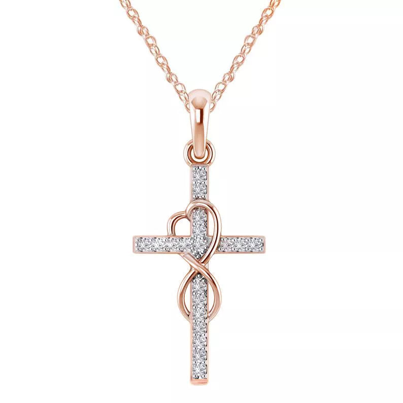Alloy pendant necklace with diamond and eight-character cross design in gold, silver, and rose gold