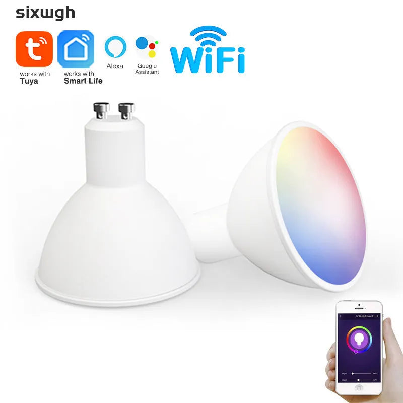 Smart WiFi GU10 LED spotlight bulb with RGBCCT colour and tunable white light, shown with dimensions.