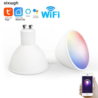 Smart WiFi GU10 LED spotlight bulb with RGBCCT colour and tunable white light, shown with dimensions.