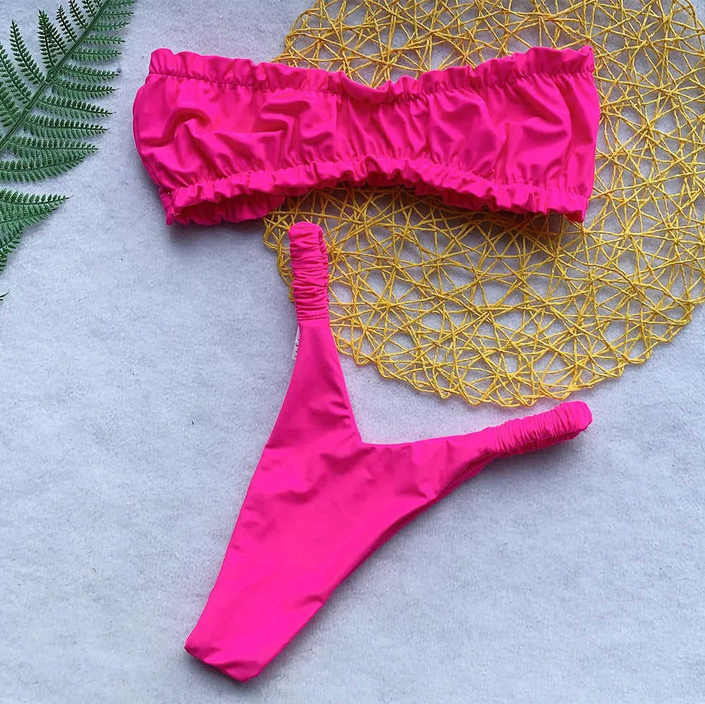Women's high waist bikini swimsuit with split chest pad in quick-drying nylon fabric