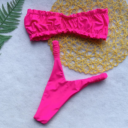 Women's high waist bikini swimsuit with split chest pad in quick-drying nylon fabric