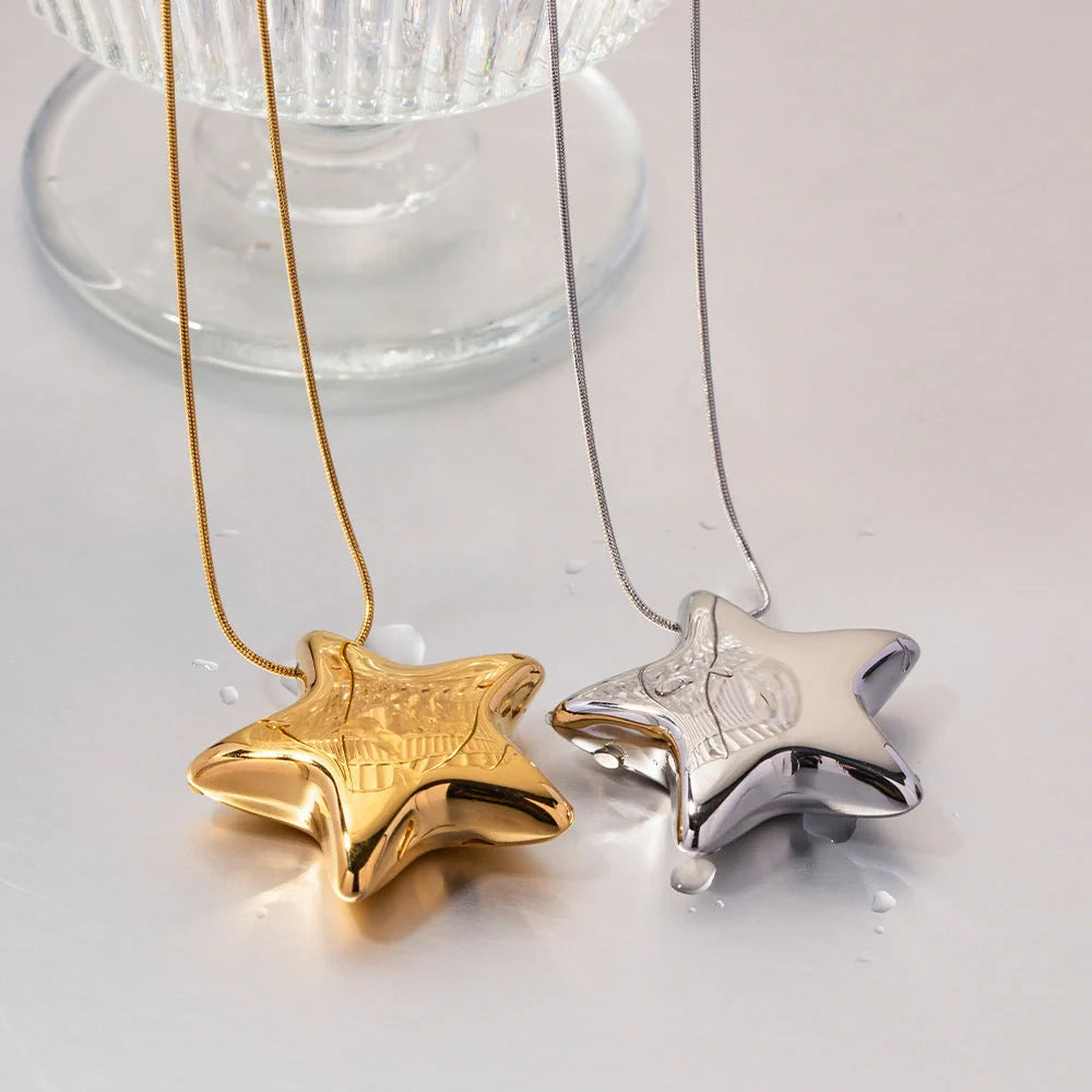 Radiant 18K gold-plated star necklace with stainless steel pendant and ball bead chain