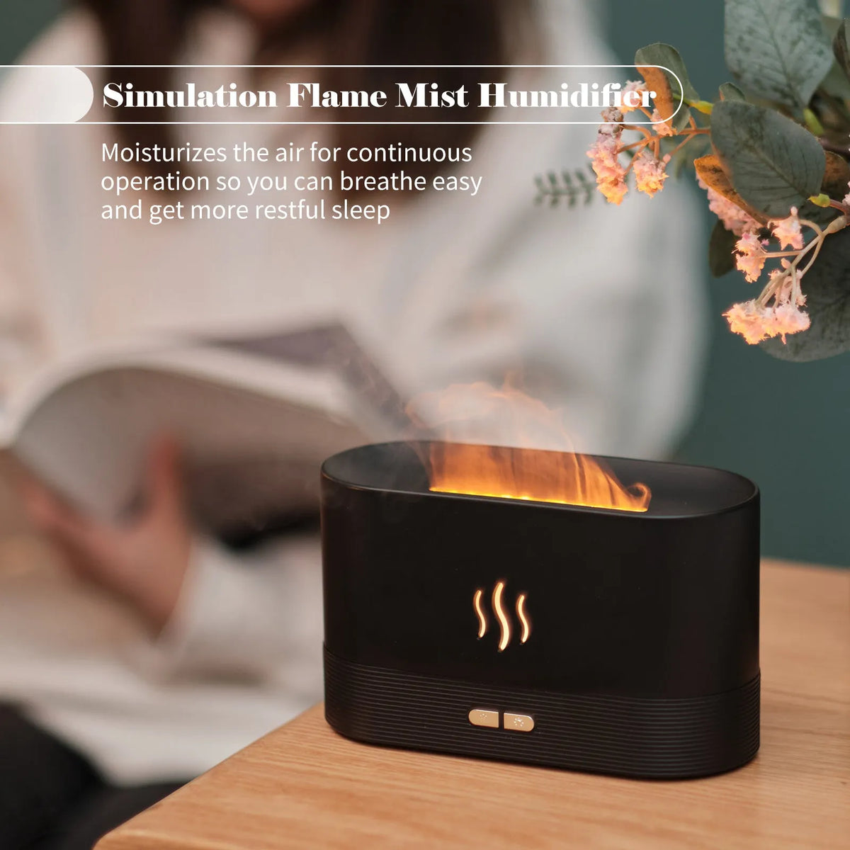 Square black aroma diffuser with flame light effect and mist output, 75x75x137mm