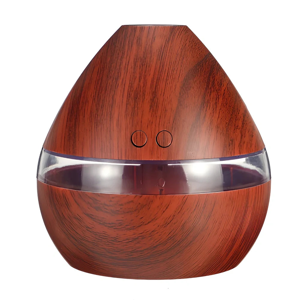 USB LED aroma humidifier with wood grain finish, 300ml capacity, measuring 114mm × 110mm