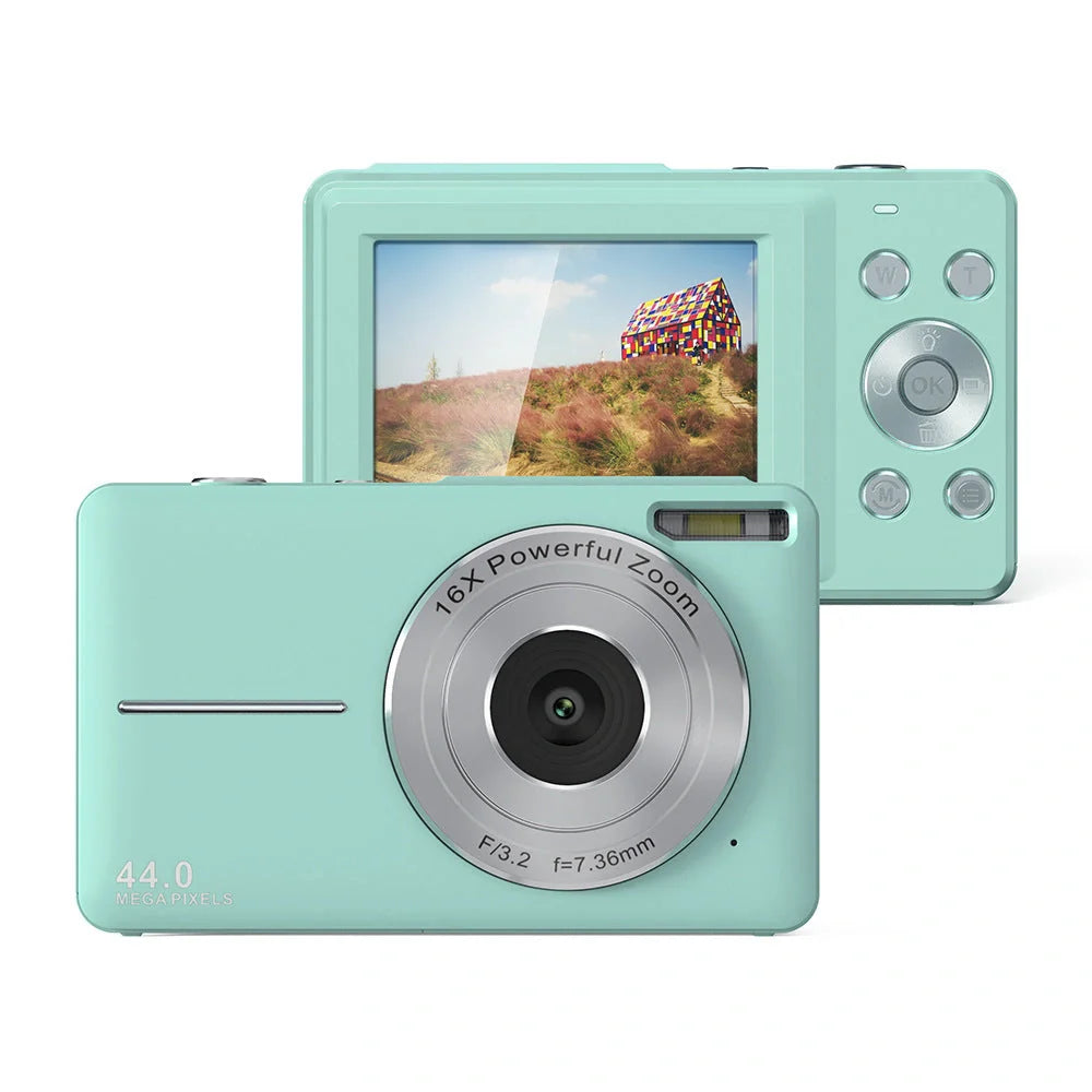 Children's mini digital camera in black, pink, and green with HD video and photo capabilities