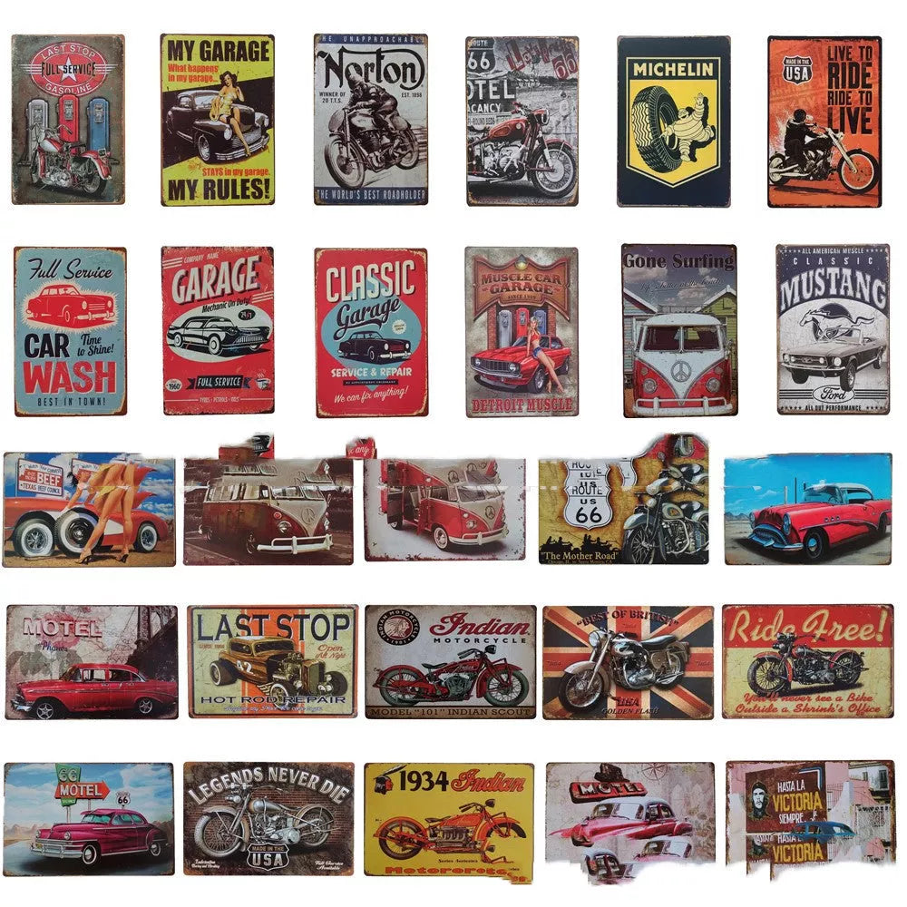 Retro tin painting metal craft with car and motorcycle design, 20x30cm
