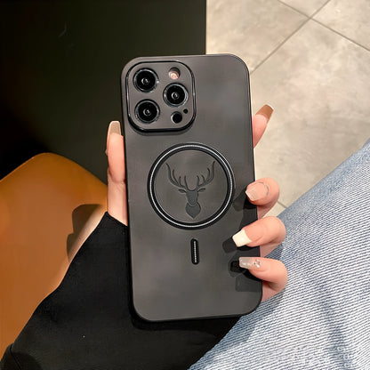 Elk magnetic suction phone case with cartoon design showing magnetic closure and imitation leather texture