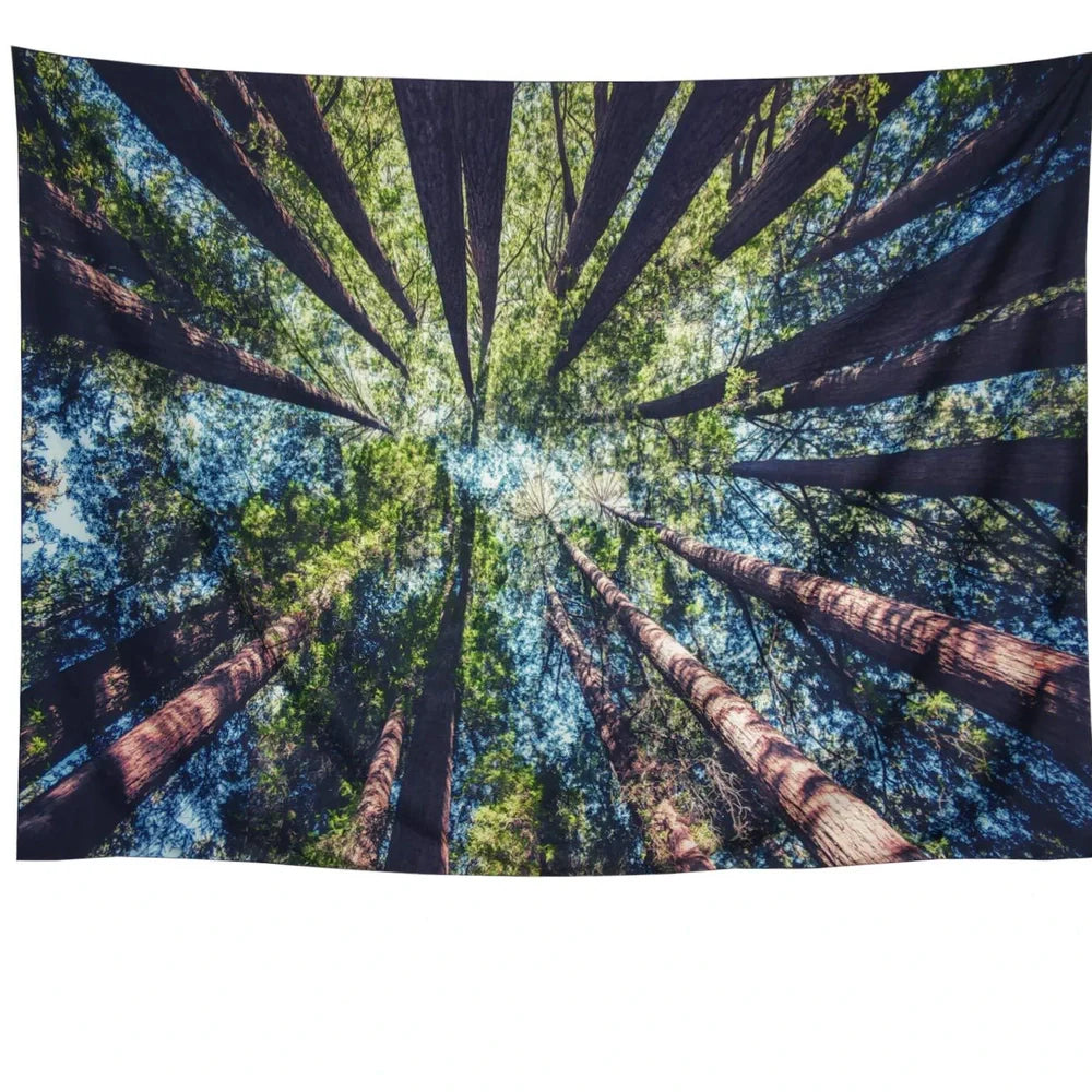 Green printed polyester tapestry showing full design on wall display