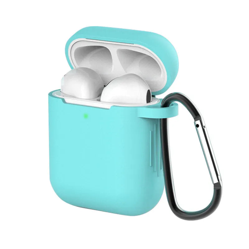 Liquid silicone protective clamshell case for Apple AirPods, shown in multiple colours on a white background.
