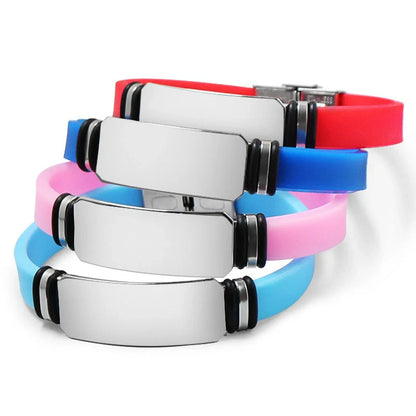 Custom engraved silicone bracelet with stainless steel clasp in various colors