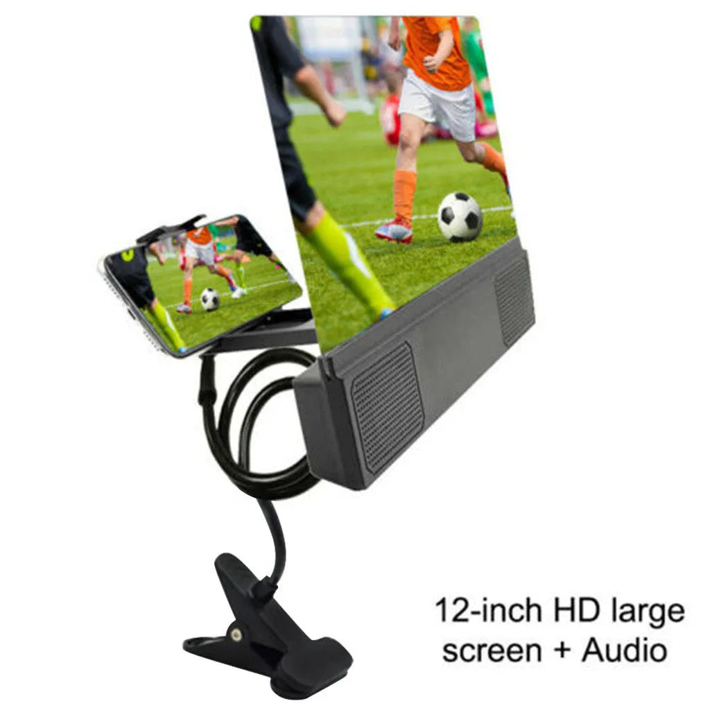 Silver mobile phone screen amplifier with 12-inch lens on a flexible gooseneck stand, holding a smartphone.