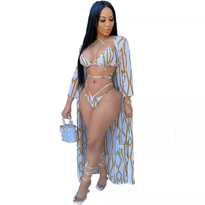 Three-piece European-American bikini swimsuit in white, perfect for beach outings