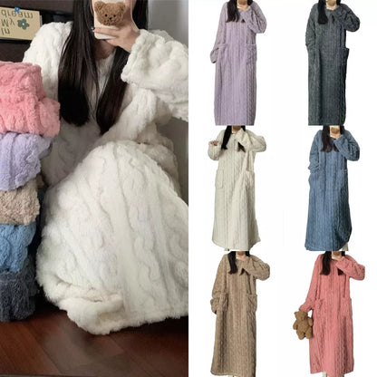 Women's winter coral fleece nightgown with pockets and jacquard design in various colors
