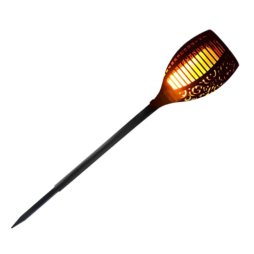 Solar garden LED light with flame flickering effect on stainless steel stake in outdoor setting