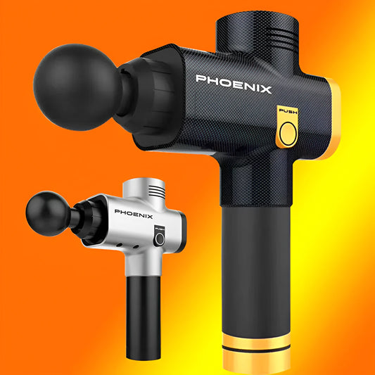 Black fascia massage gun with four interchangeable heads for deep tissue treatment measuring 29x28x28cm