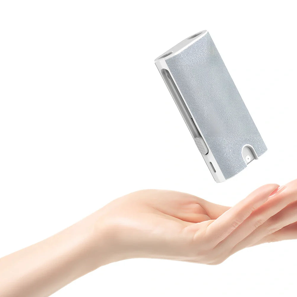 White 8-in-1 cleaning kit with ABS plastic case measuring 9cm showing keyboard, phone, lens, and earbud cleaning tools