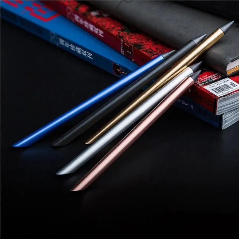 Inkless metal pen with 0.5mm alloy steel nib in silver finish, showing 16cm length and included presentation box