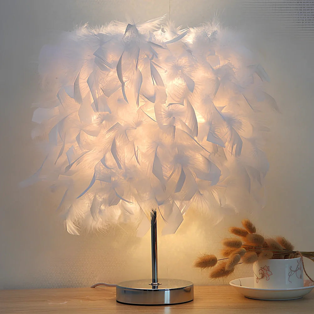 Feather night light with fur shade showing push-button switch and LED illumination in pink colour option