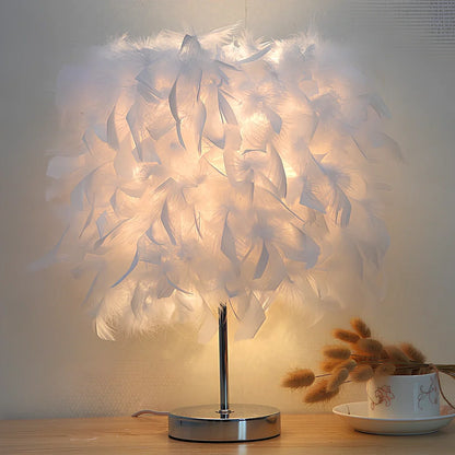 Feather night light with fur shade showing push-button switch and LED illumination in pink colour option