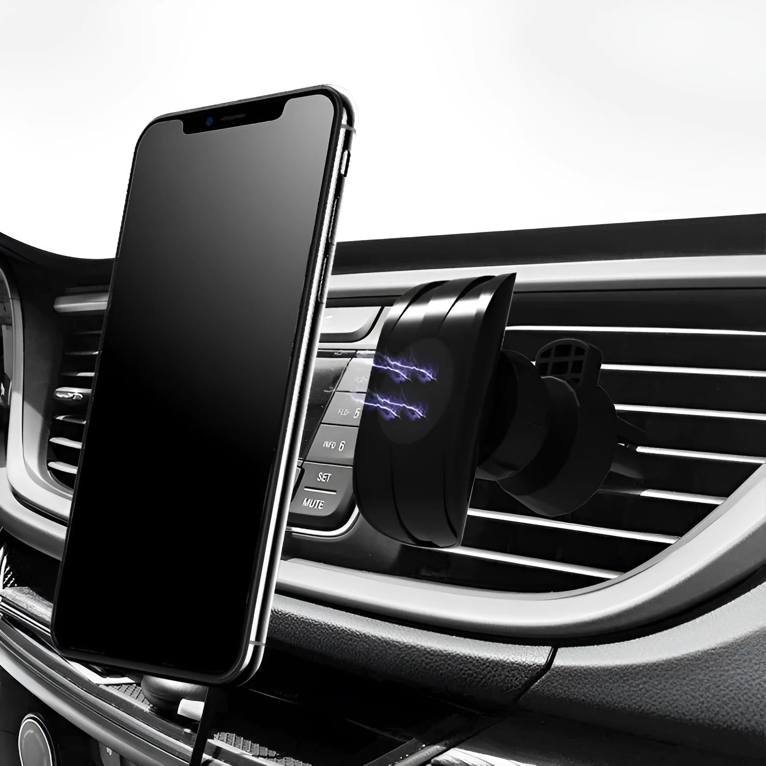 Matt black universal car phone holder with flexible gooseneck arm attached to car air vent