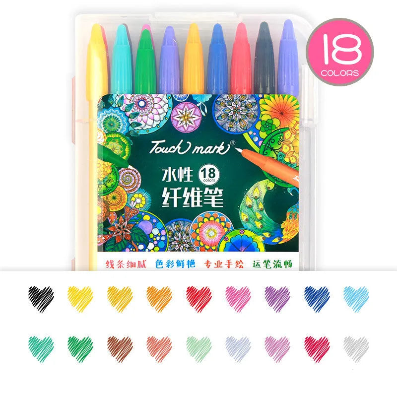 Water-based fibre pen sets showing multiple colour options with quick-dry ink for writing and drawing