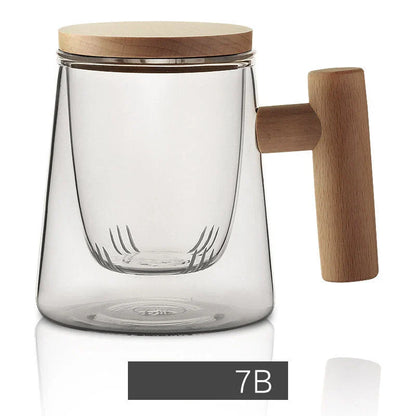 Premium glass tea infuser cup with wooden handle, offering a unique tea-water separation system and temperature-resistant construction for a refined tea experience.