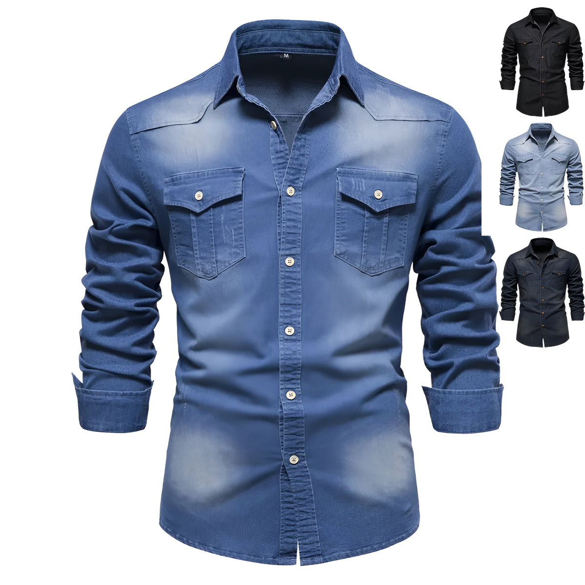 Men's solid colour slim fit cotton denim shirt with long sleeves and button front.