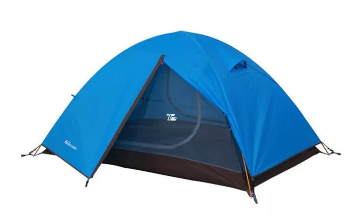 Double aluminum pole rainproof canopy camping climbing tent in green, blue, or orange