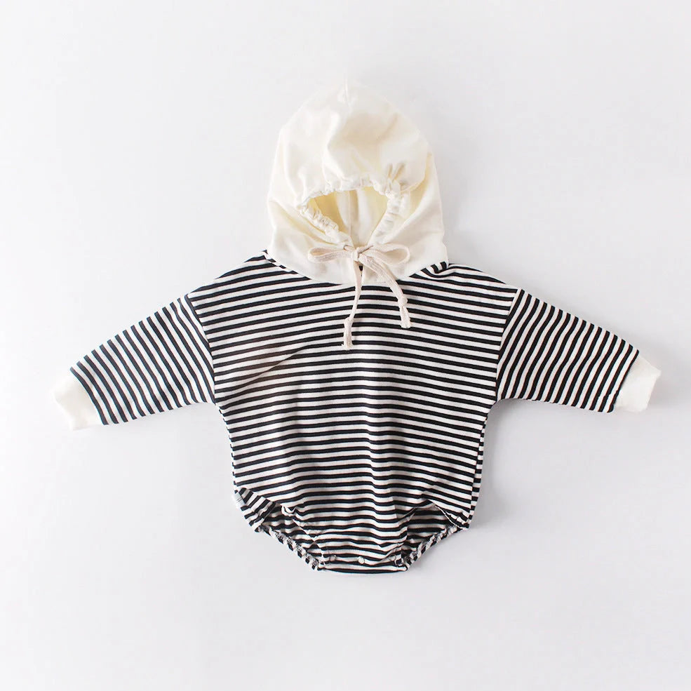 Striped baby climbing suit with hood and triangle design for crawling