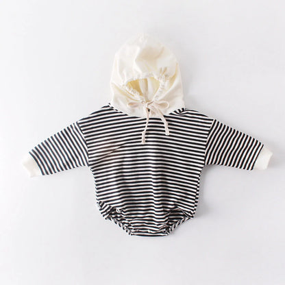Striped baby climbing suit with hood and triangle design for crawling