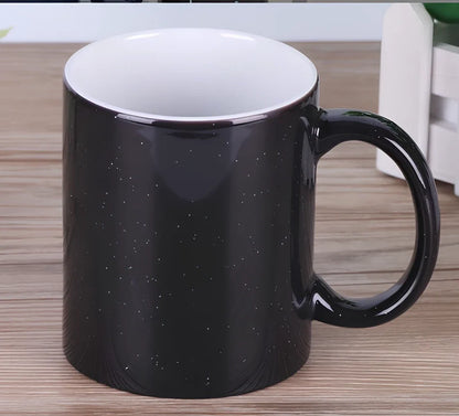 Ceramic colour change mug showing before and after transformation with hot liquid