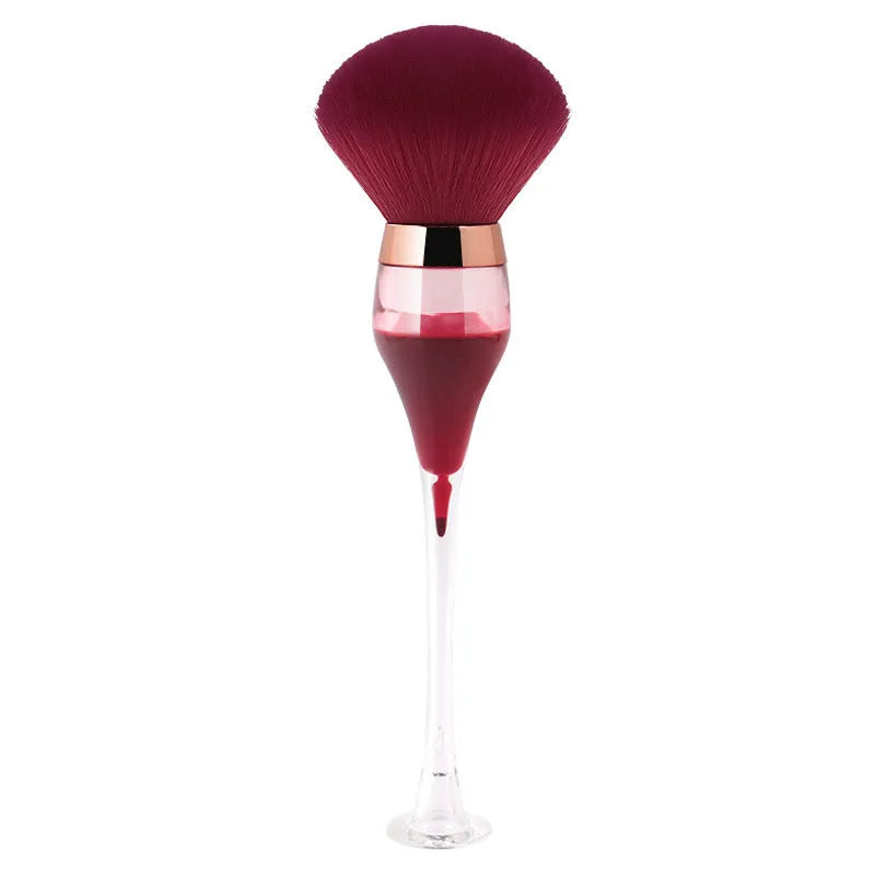 Wine glass shape large makeup brush with fluffy man-made fibre head, long plastic handle, 14cm total length, in Champagne, Pink or Wine Red.