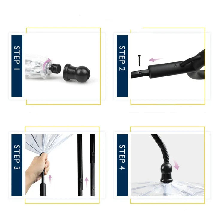 Adjustable transparent pet umbrella with C-shaped handle and retractable middle bar for customized rain protection