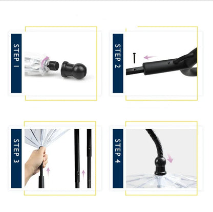 Adjustable transparent pet umbrella with C-shaped handle and retractable middle bar for customized rain protection