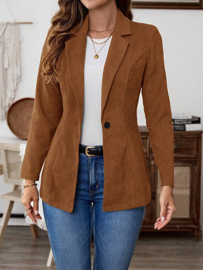 Brown lapel long sleeve single-breasted leisure suit coat with polyester elastane blend