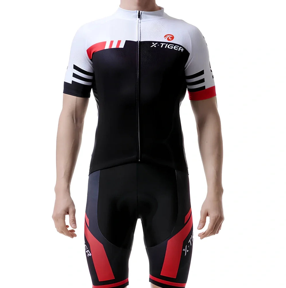 Red cycling jersey with chemical fibre blend fabric for outdoor sports, shown in cycling position