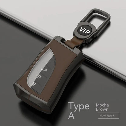 Lexus car key case cover in zinc alloy and TPU shown in black, with optional belt buckle attachment.