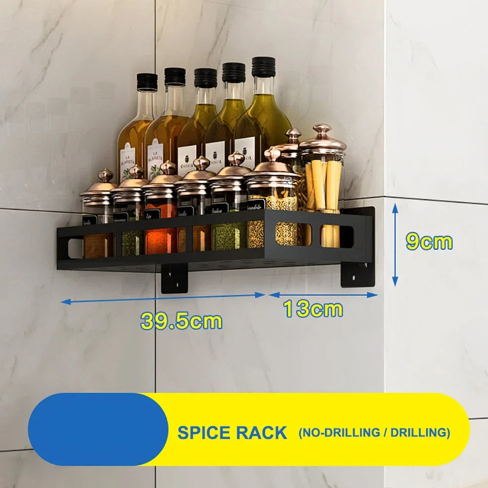 Stainless steel kitchen wall shelf with multiple rack options for utensils and storage