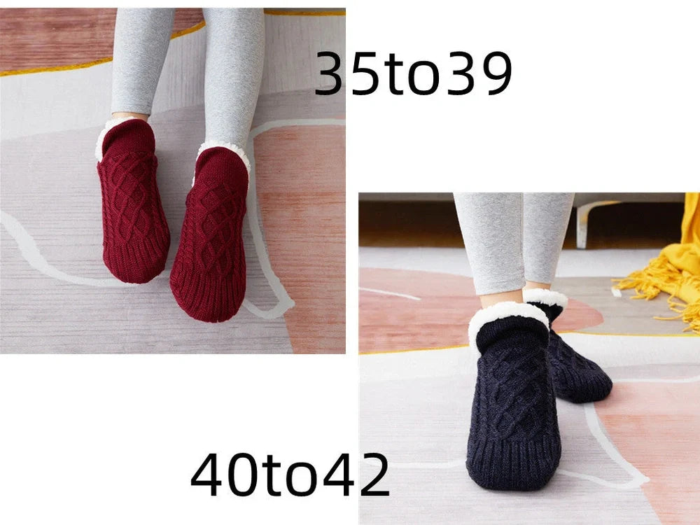 Winter woolen socks with V-opening design and anti-slip dots on soles in navy blue colour