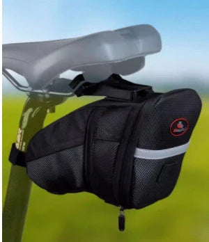 Durable Mountain Bike Tail Bag attached to a bicycle, showcasing its sleek design and waterproof storage.