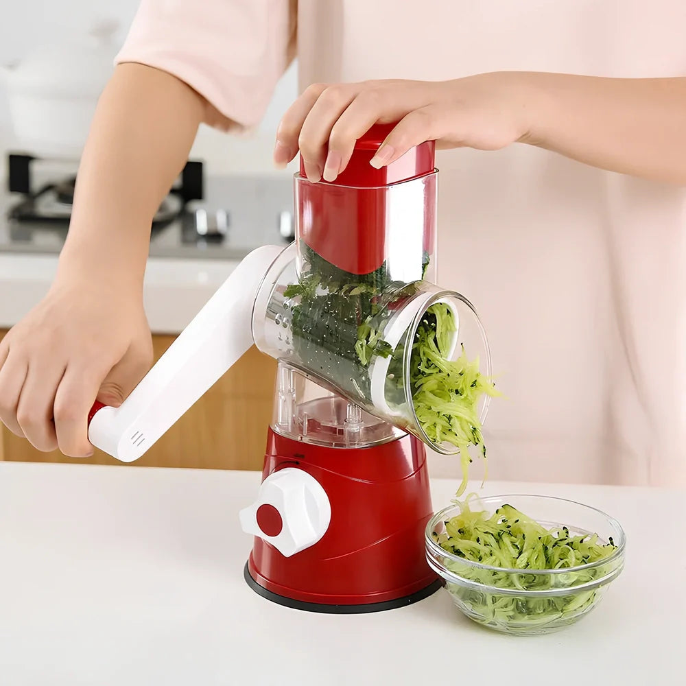Blue hand drum rotary grater with stainless steel blades for cutting vegetables