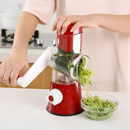 Blue hand drum rotary grater with stainless steel blades for cutting vegetables