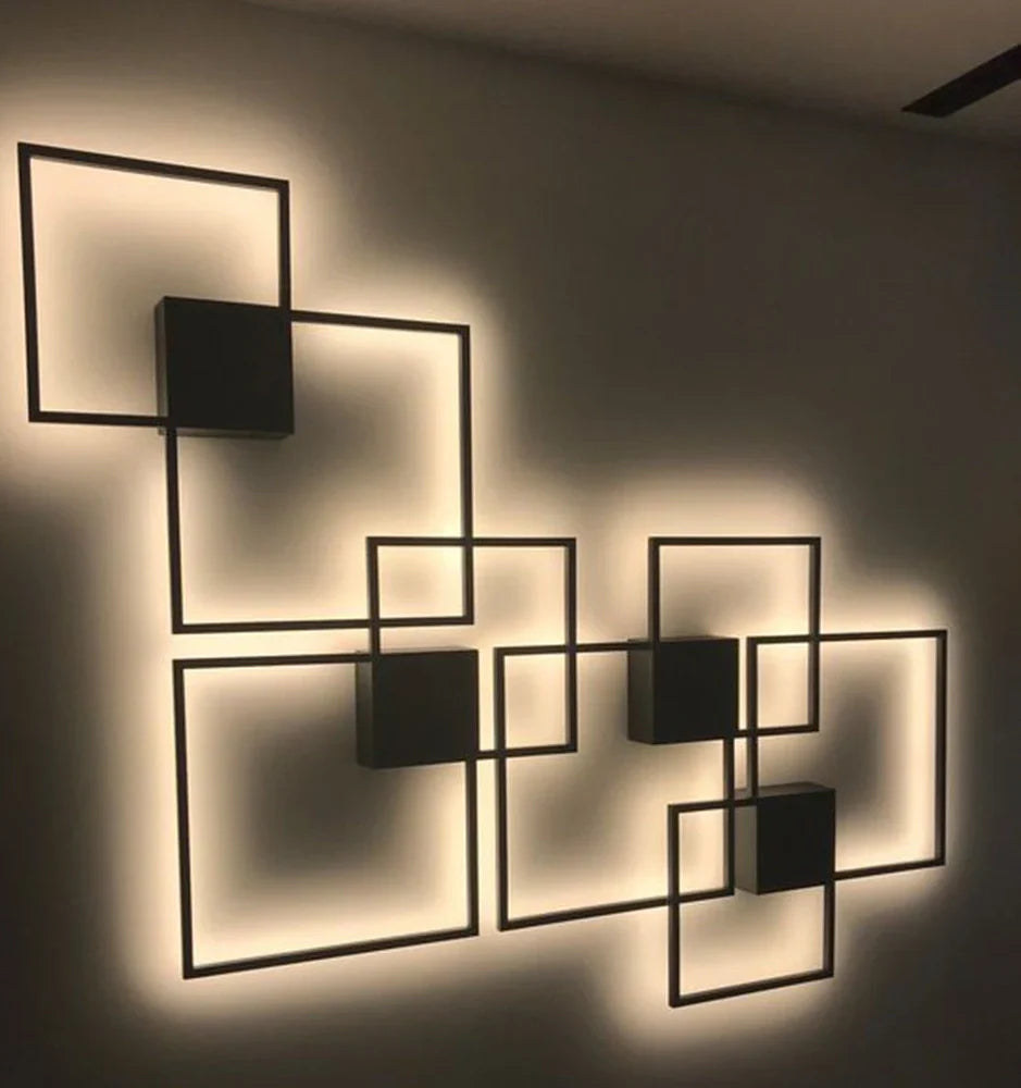 Square 35.3cm geometric LED wall light in white, iron frame with acrylic diffuser, 20W-24W output