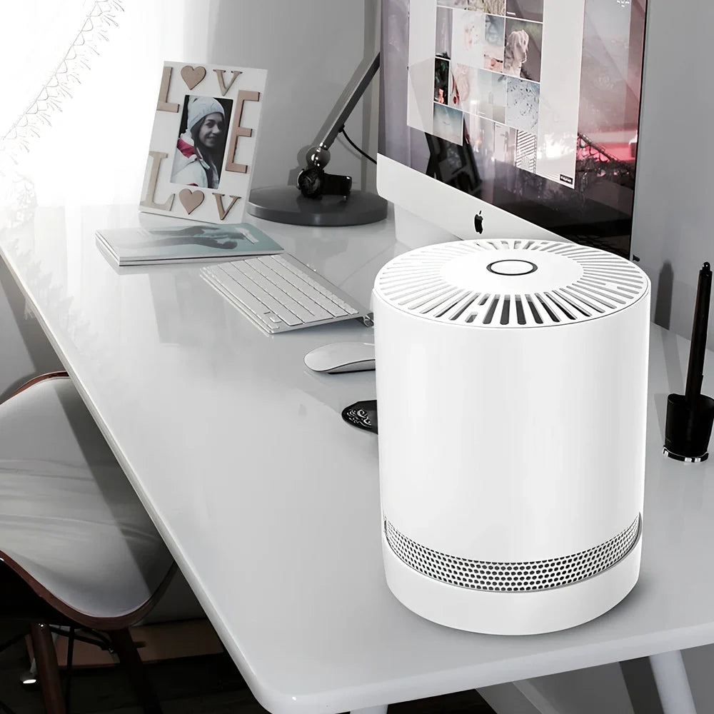White portable desktop air purifier measuring 175x175x220mm for 4-10m² spaces